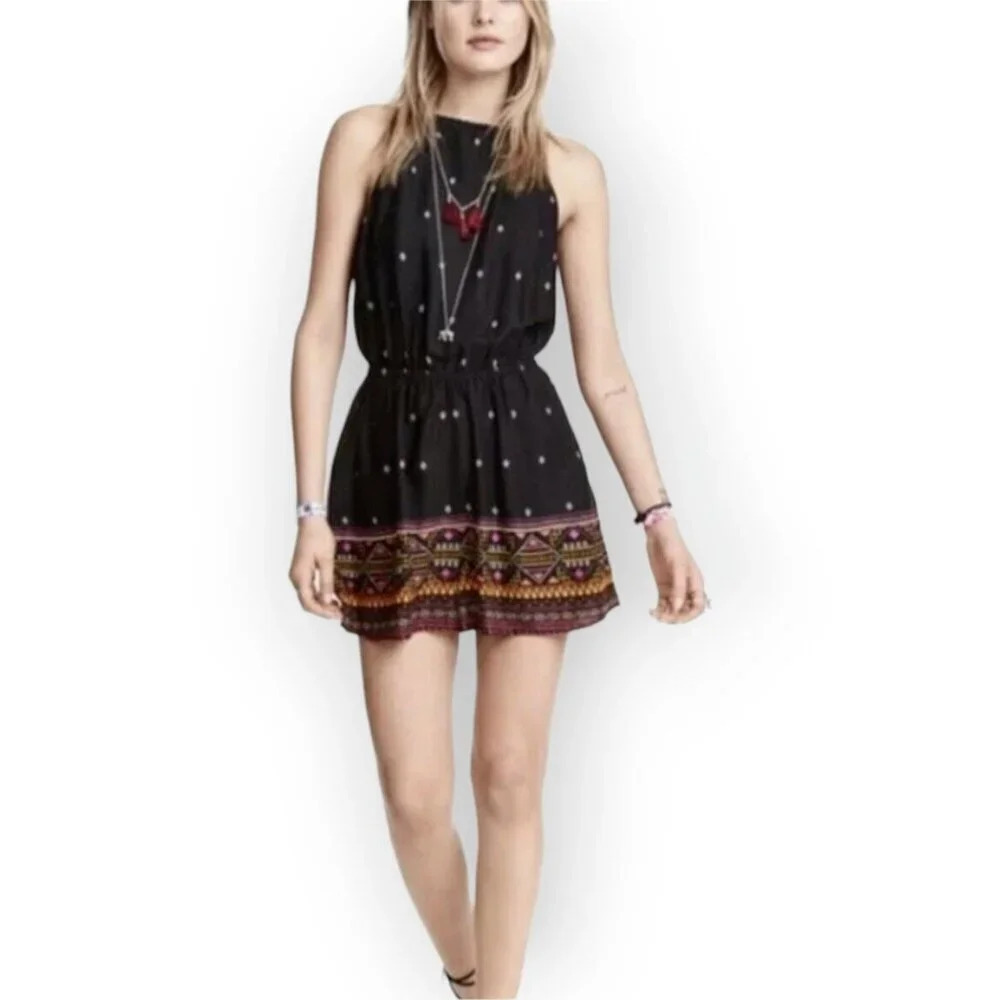 H&M Coachella Collection Black Aztec Pattern Open Back Sleeveless Romper Size 4